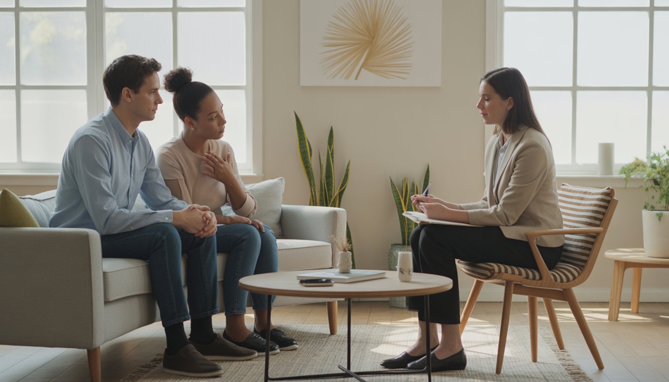 A therapist meets with a couple in a bright, comfortable counseling office, creating a supportive and calm atmosphere.