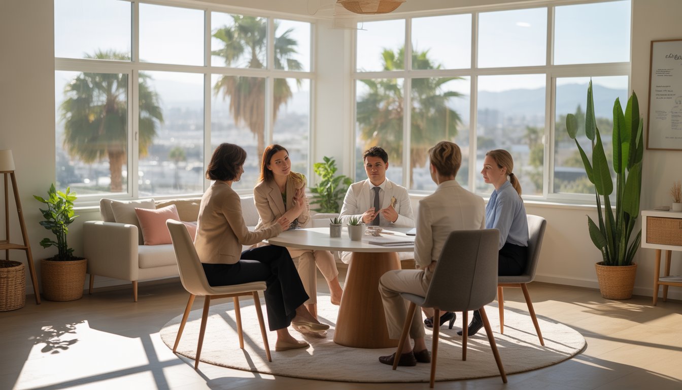 A group of therapists and psychiatrists having a discussion in a bright, comfortable therapy office with large windows showing a cityscape with palm trees.