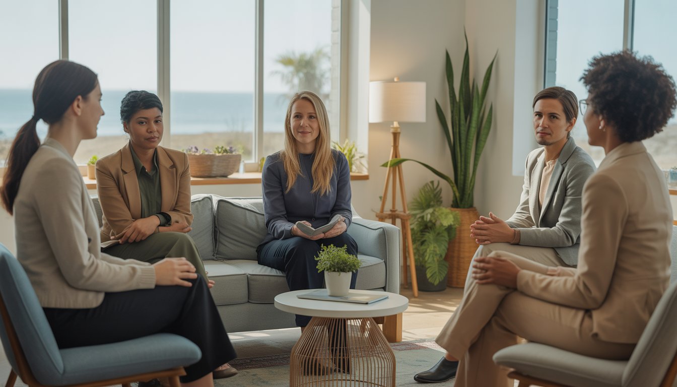 A diverse group of therapists talking together in a bright, comfortable therapy office with large windows showing a coastal view.