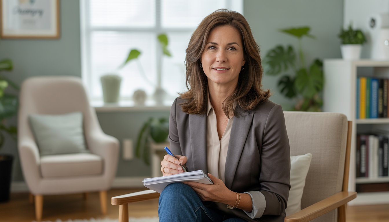 A female therapist sitting in a bright, comfortable office with a notepad, ready to listen.