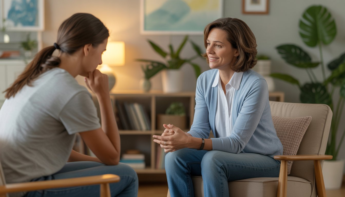 A female therapist attentively listens to a young adult client in a comfortable counseling office.