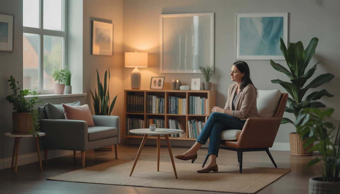 A therapist sitting in a comfortable, well-lit office with plants and books, creating a calm and welcoming environment.