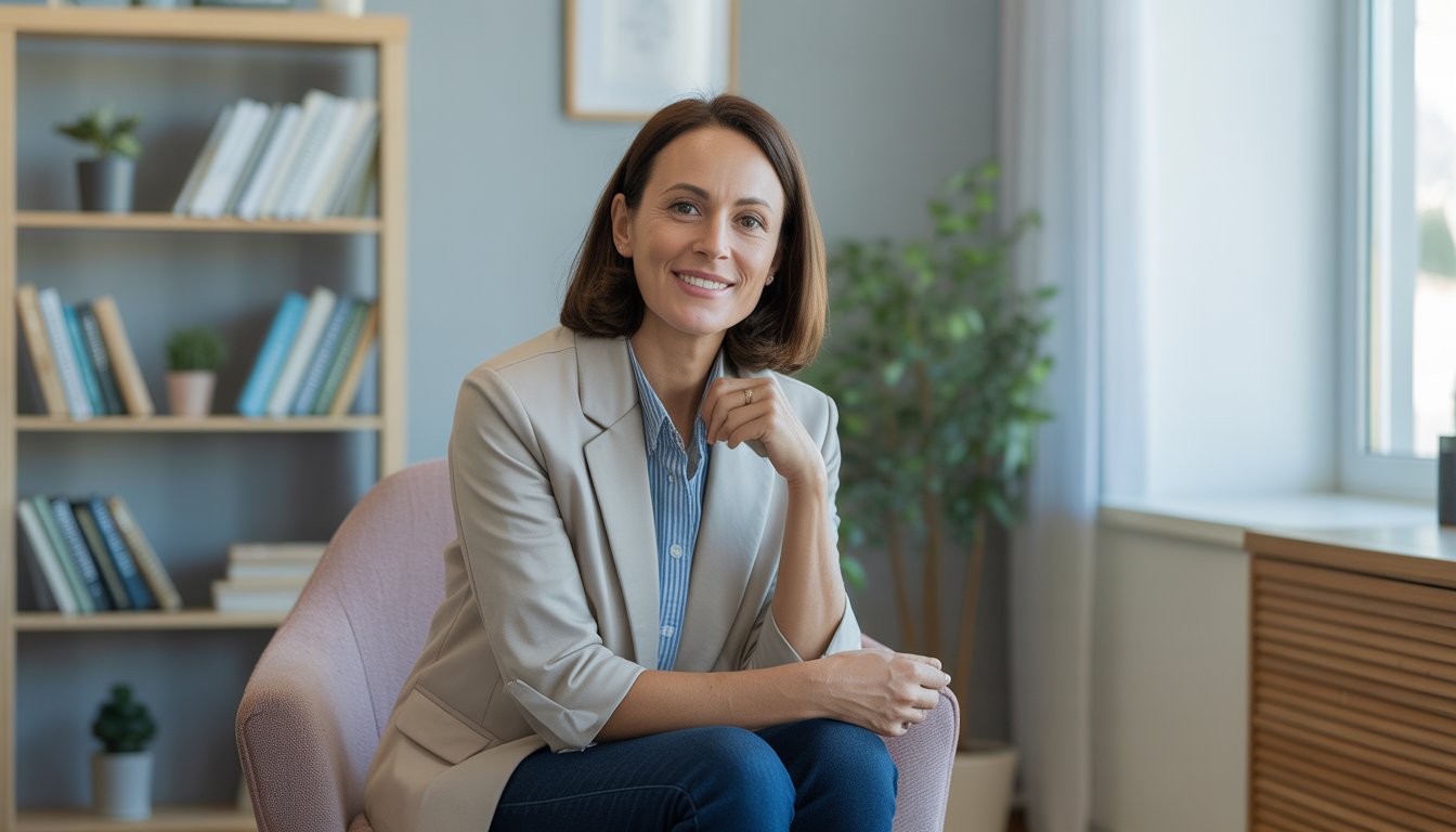 A female therapist sitting in a comfortable chair in a bright office with bookshelves and plants, smiling warmly.