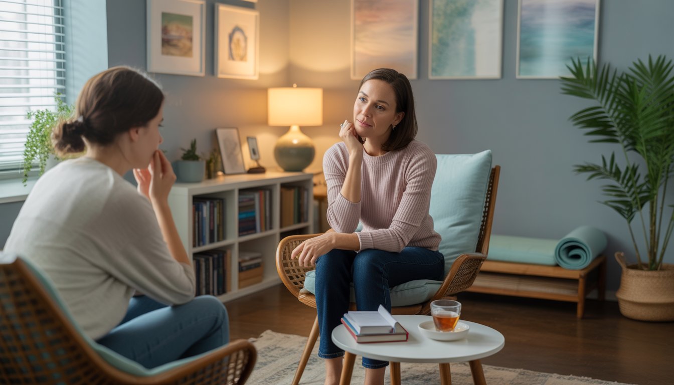 A female therapist talking compassionately with a client in a cozy counseling office with plants and calming decor.
