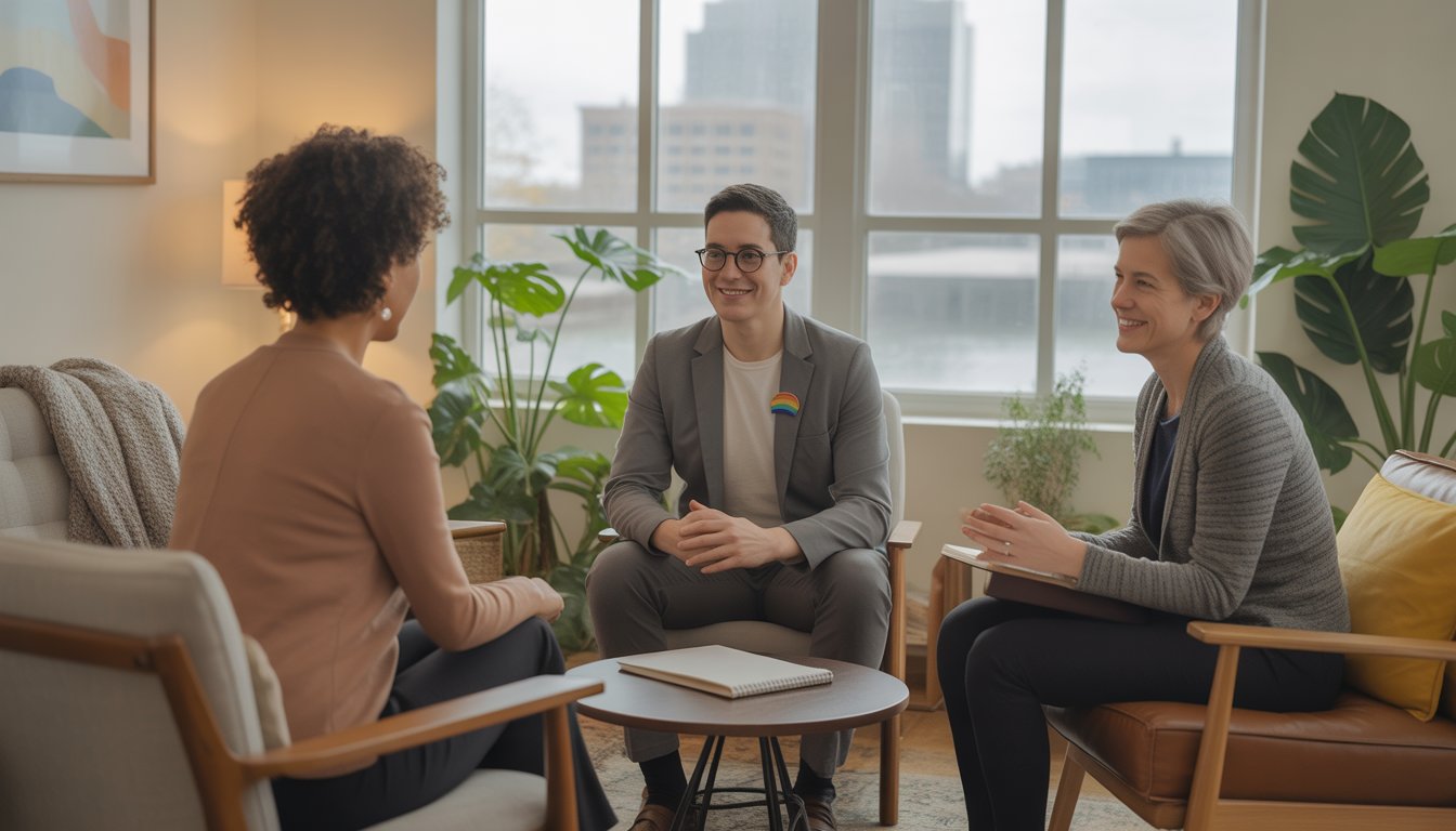 Three diverse therapists sitting together in a bright, comfortable therapy office with plants and a city view through the window.
