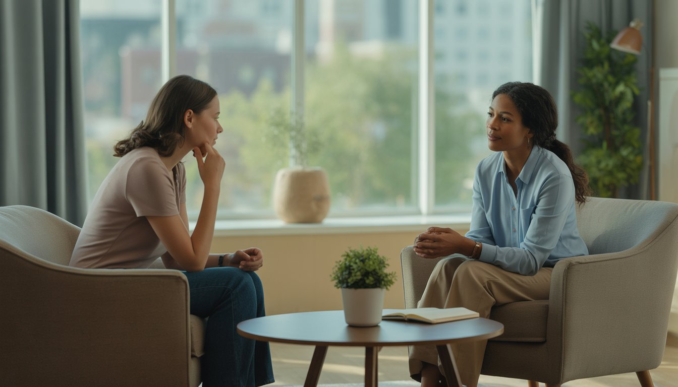 A therapist and a client having a calm conversation in a bright, cozy therapy office with a window showing a city view.