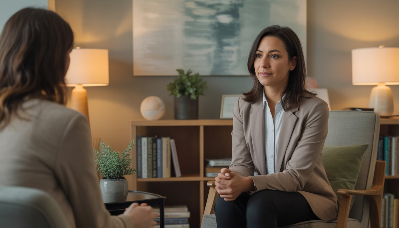 A female therapist attentively listening to a client in a comfortable, well-lit therapy office.