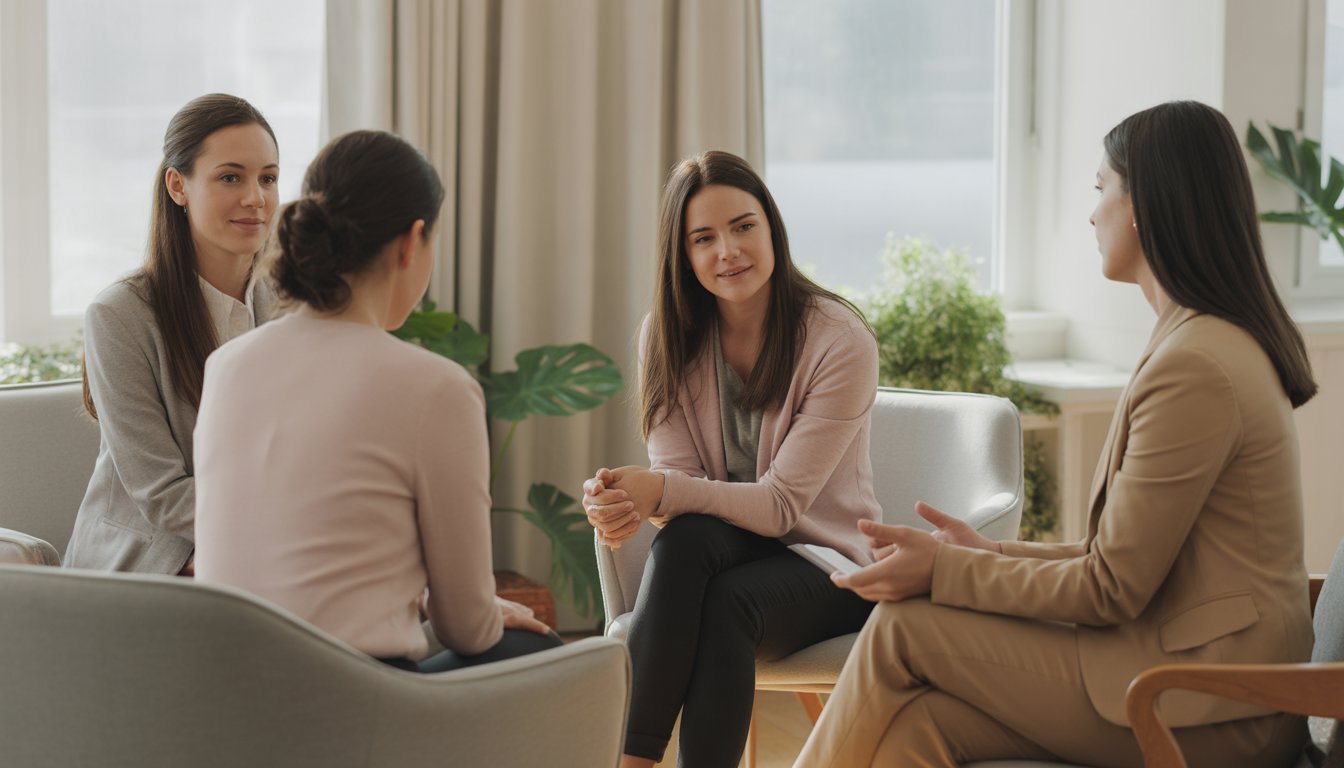 Three therapists talking supportively with a client in a bright, comfortable therapy office.