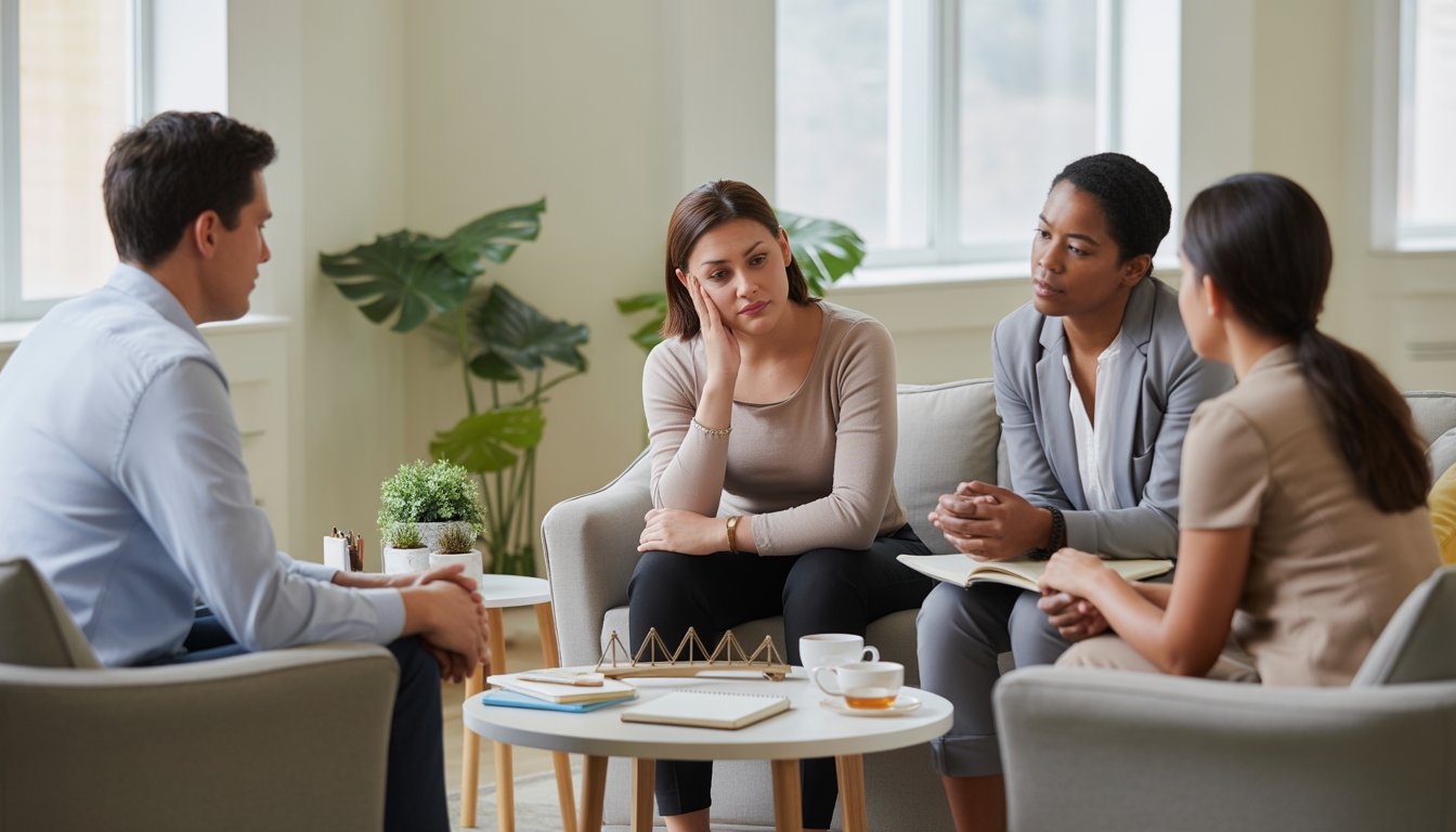 A therapy session with three therapists talking empathetically to a thoughtful client in a bright, comfortable office with plants and natural light.