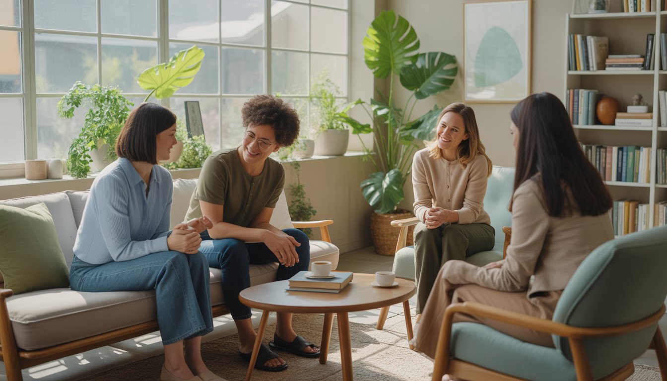 A group of therapists talking supportively with a thoughtful client in a bright, modern therapy office filled with plants and natural light.