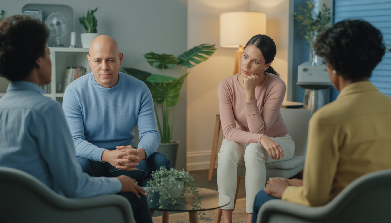 A therapist and a client sitting in a modern office, engaged in a calming therapy session focused on mindfulness and neurofeedback.