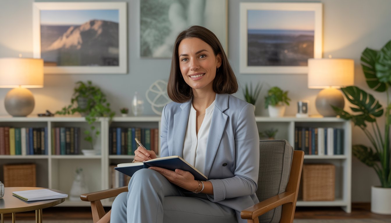 A female therapist seated in a comfortable office, holding a notebook and pen, with books and plants in the background.