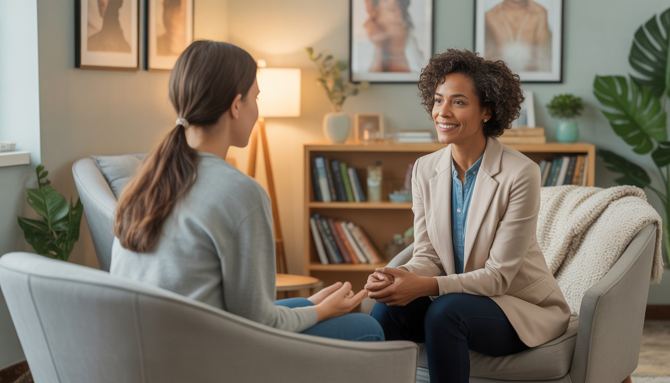 A therapist and client sit in a bright, comfortable office engaged in a supportive conversation.