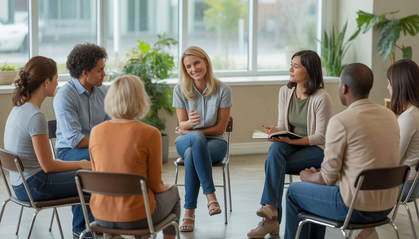 A diverse group of adults sitting in a circle in a bright room, engaged in a supportive group therapy session with a therapist.