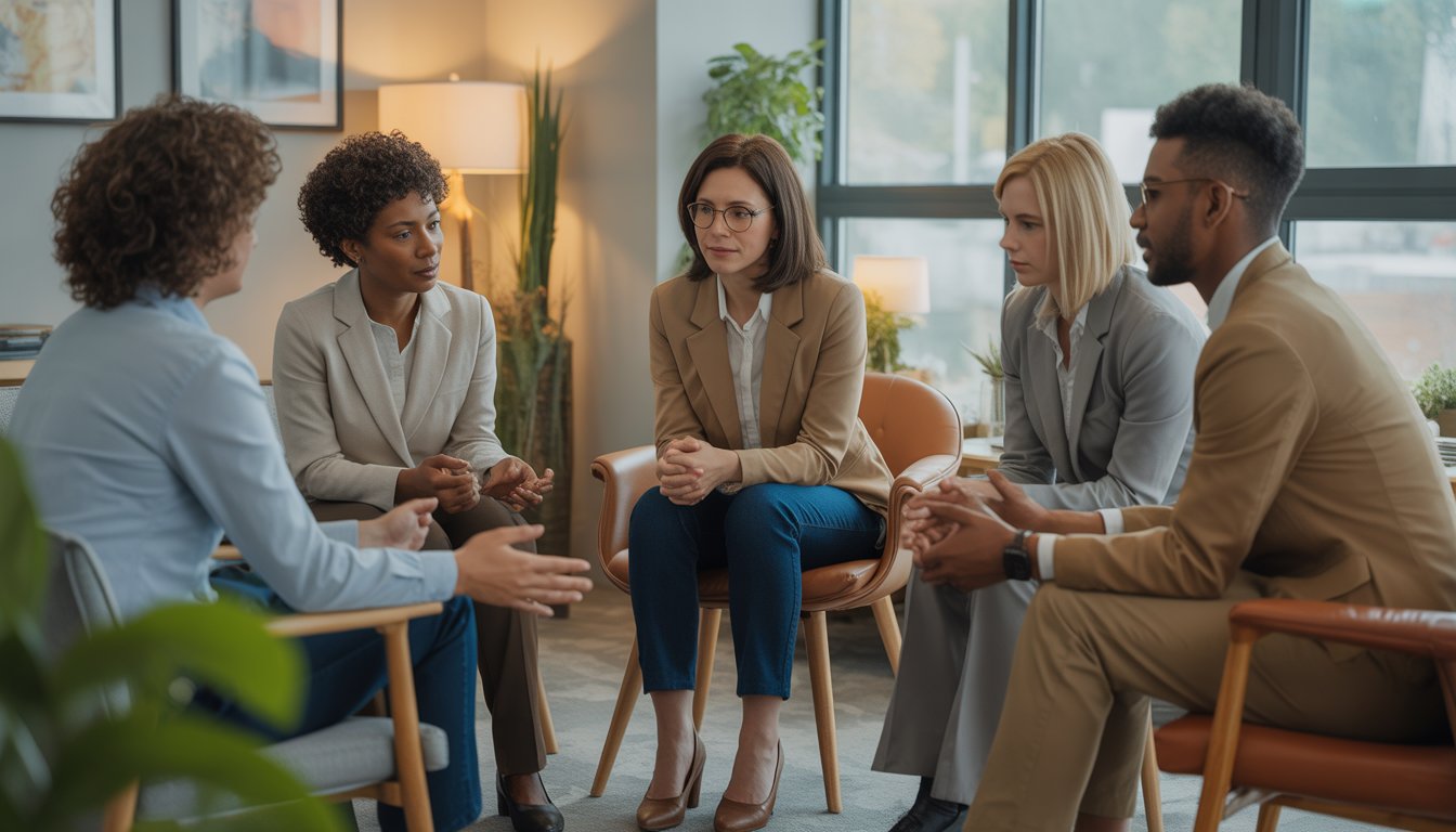 A group of counselors and a client talking in a comfortable therapy office with warm lighting and calming decor.