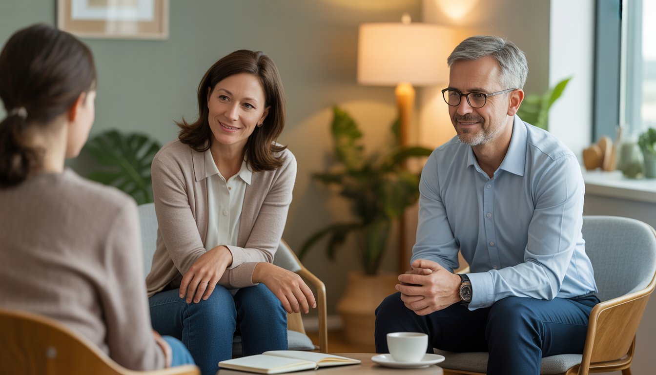 Two therapists sitting in a calm, warmly lit office, attentively listening and offering support.