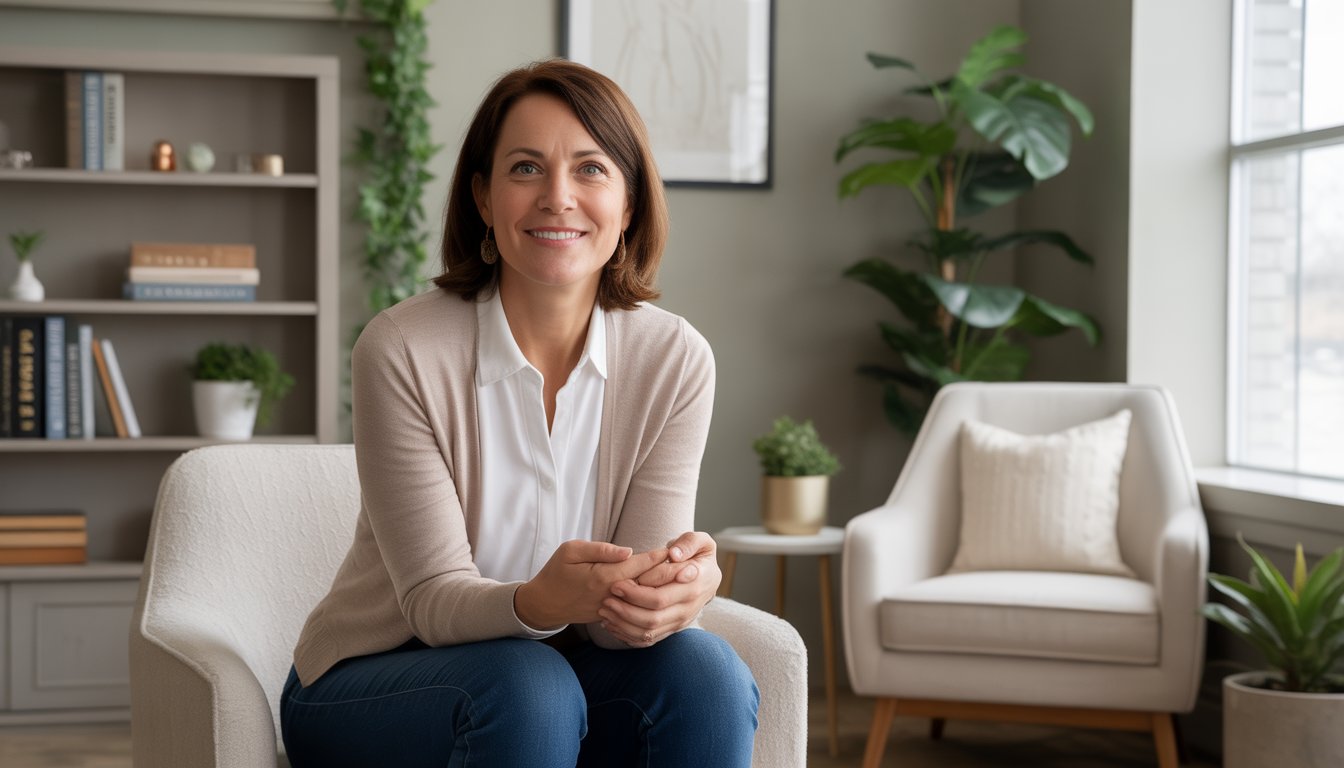A therapist sitting in a bright, comfortable office with bookshelves and plants, creating a supportive and welcoming environment.