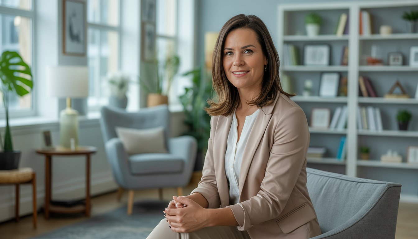 A female therapist sitting in a bright, comfortable office with plants and bookshelves in the background.