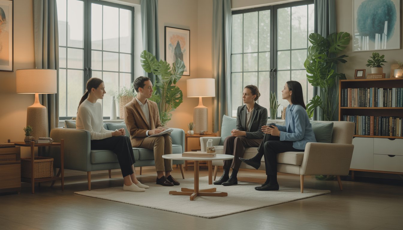 A therapy room with two therapists talking supportively to a client in a calm and welcoming setting.
