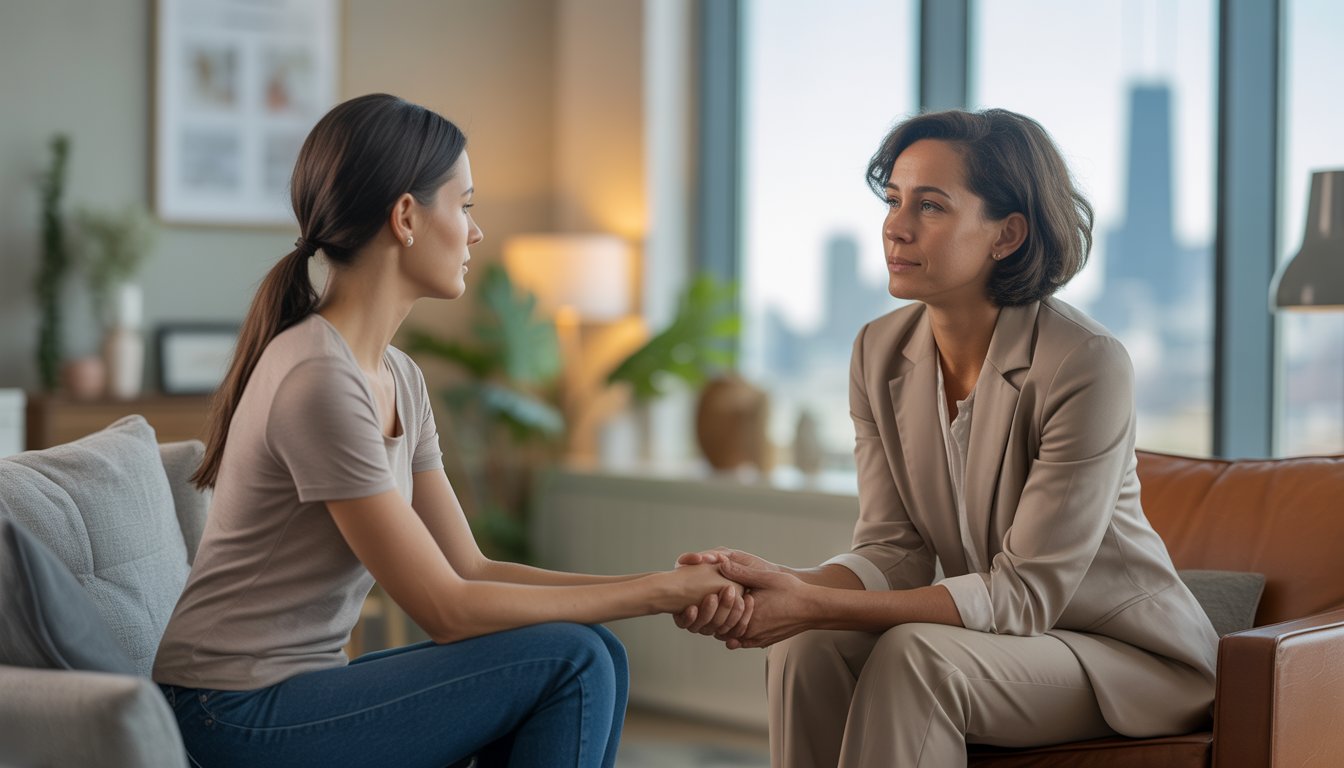 A female therapist attentively listening to a female client in a warm, comfortable therapy office with a window showing the Chicago skyline.