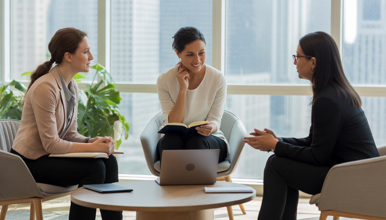 Three therapists in a bright office with large windows showing Chicago buildings, sitting and talking around a table with notebooks and a laptop.