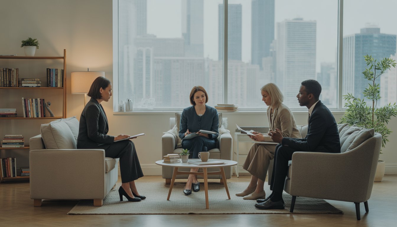 Therapists and a client having a counseling session in a bright, comfortable therapy office with a view of Chicago through the window.