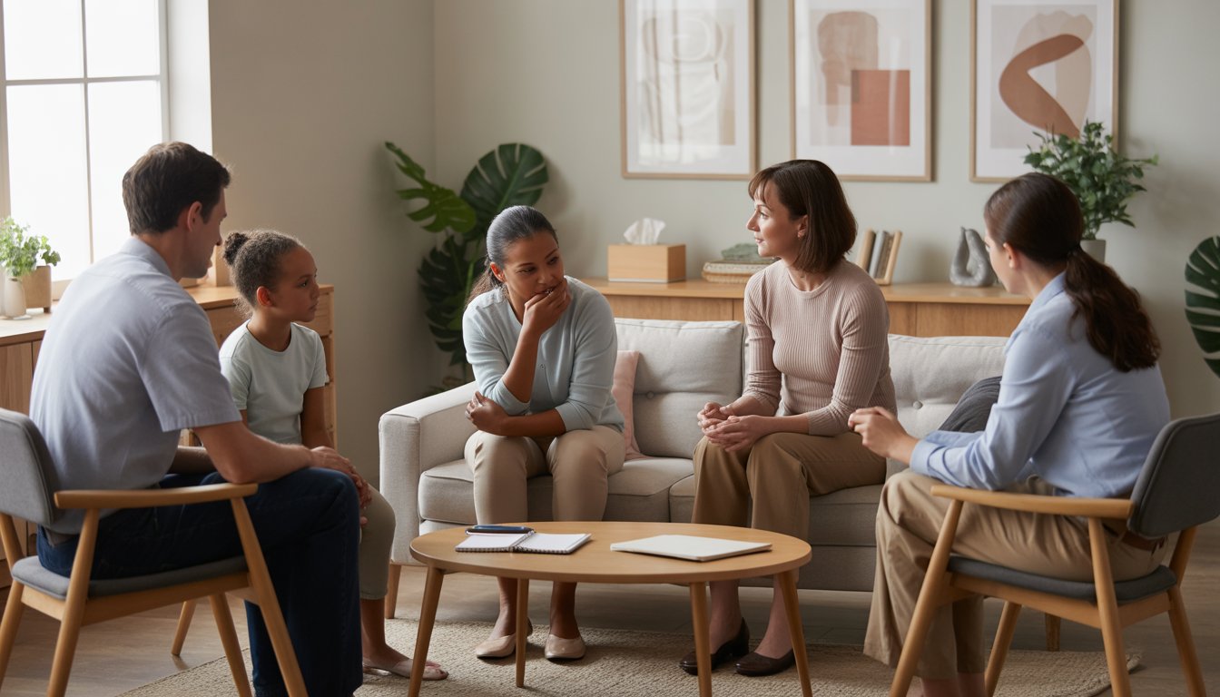 A family of four and a therapist sitting together in a cozy counseling office during a therapy session.