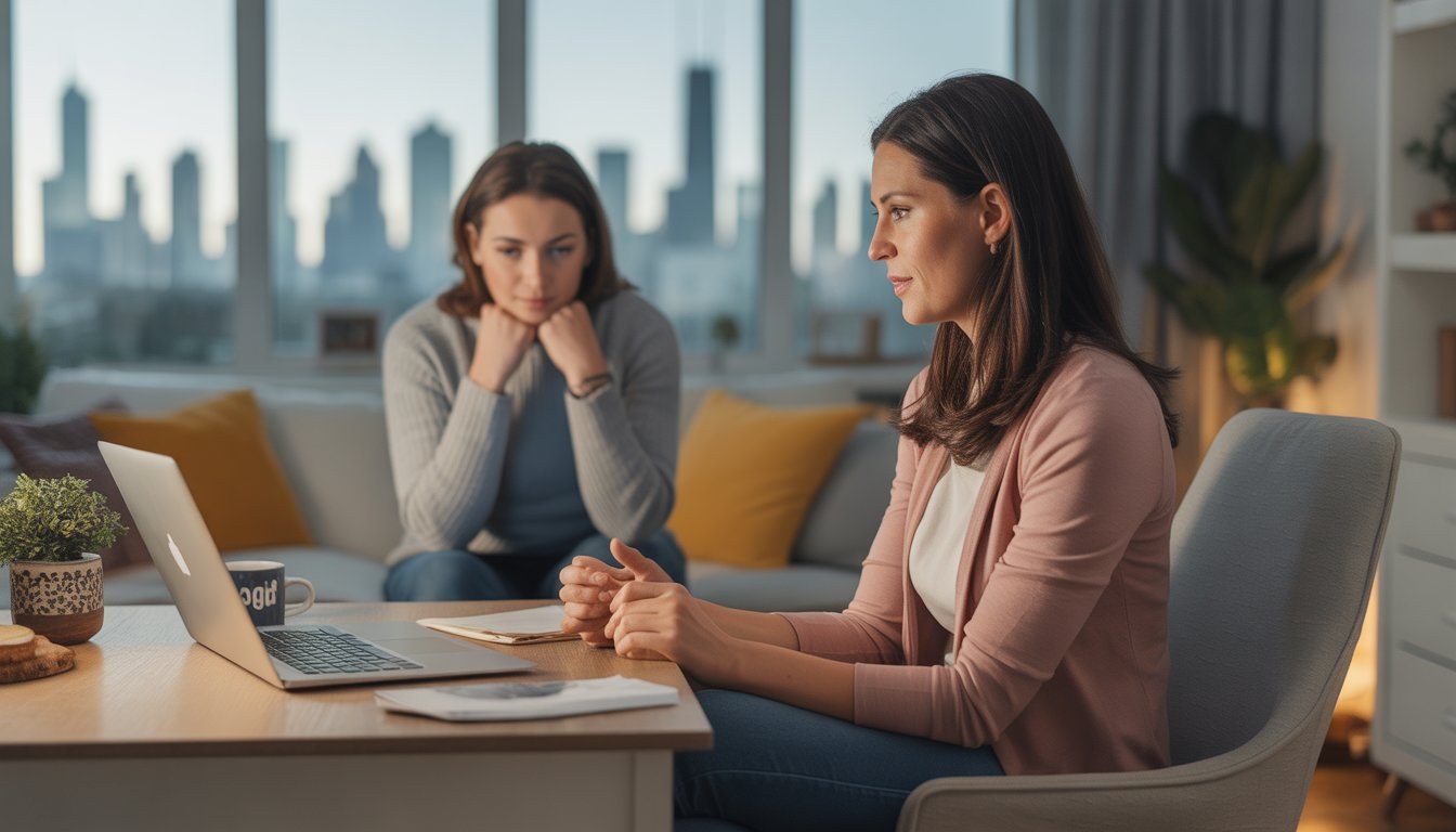 A therapist conducting an online counseling session with a client visible on a laptop in a home office with a city skyline in the background.