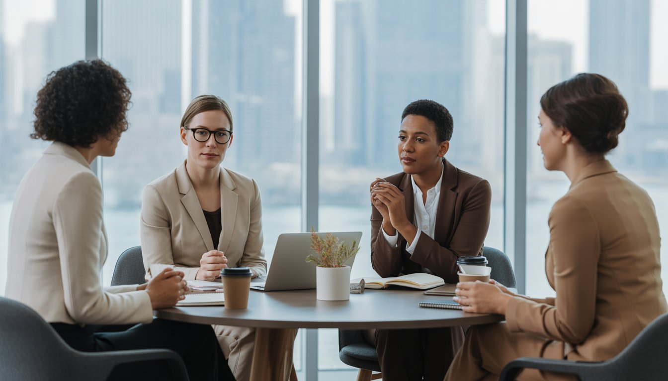 A group of therapists having a supportive discussion in a bright, modern therapy office with a view of the Chicago skyline.