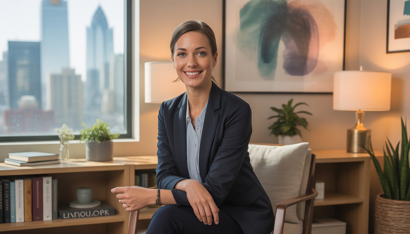 A female therapist sitting in a modern office with a window showing a city view, smiling warmly and appearing approachable.