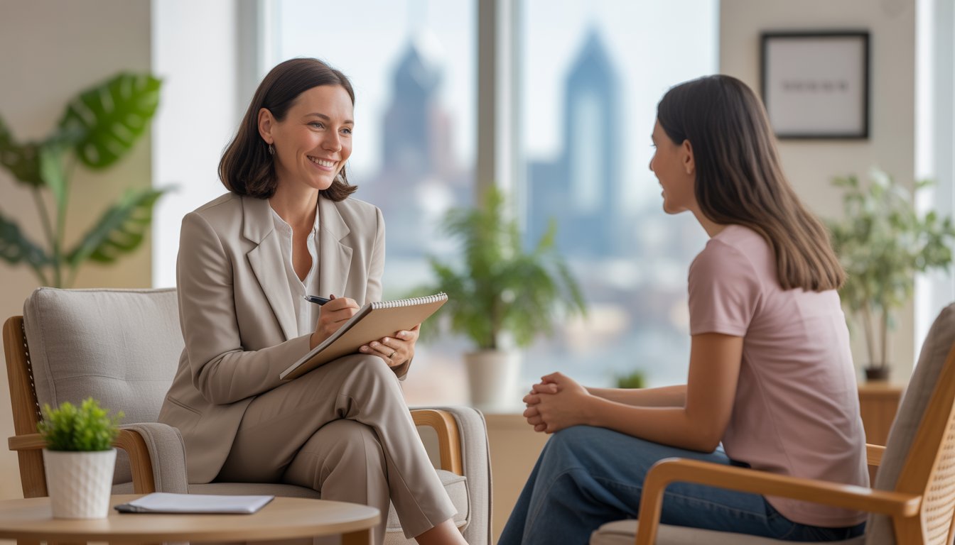 A therapist and a client sitting in a bright counseling office, engaged in a supportive conversation.