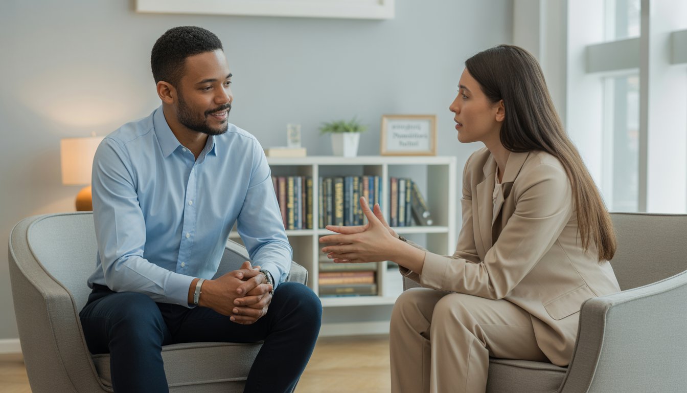 Two therapists sitting in a bright, comfortable therapy office, engaged in a supportive conversation.