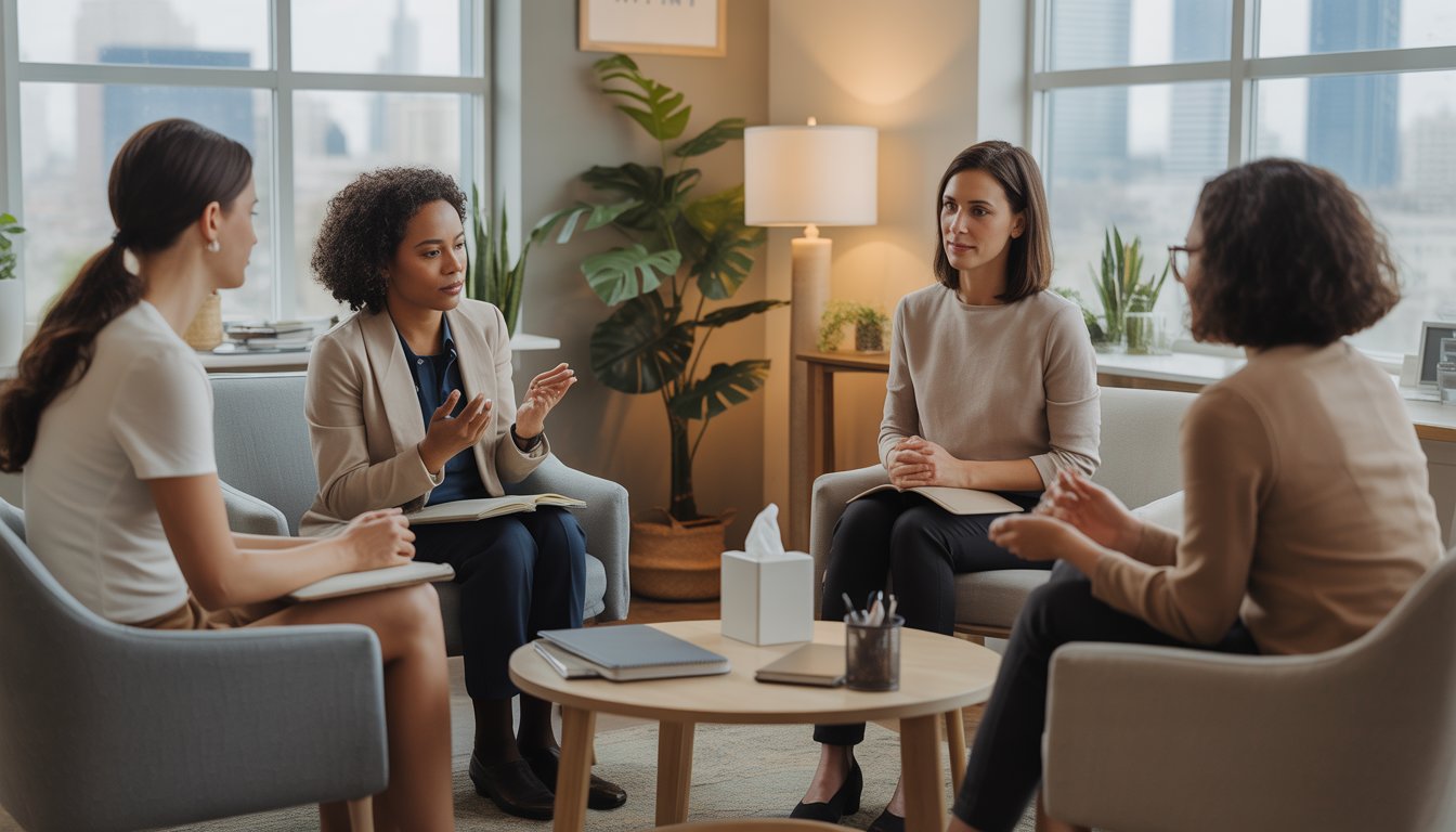 Therapists talking with an adult client in a comfortable therapy office with a view of Philadelphia.