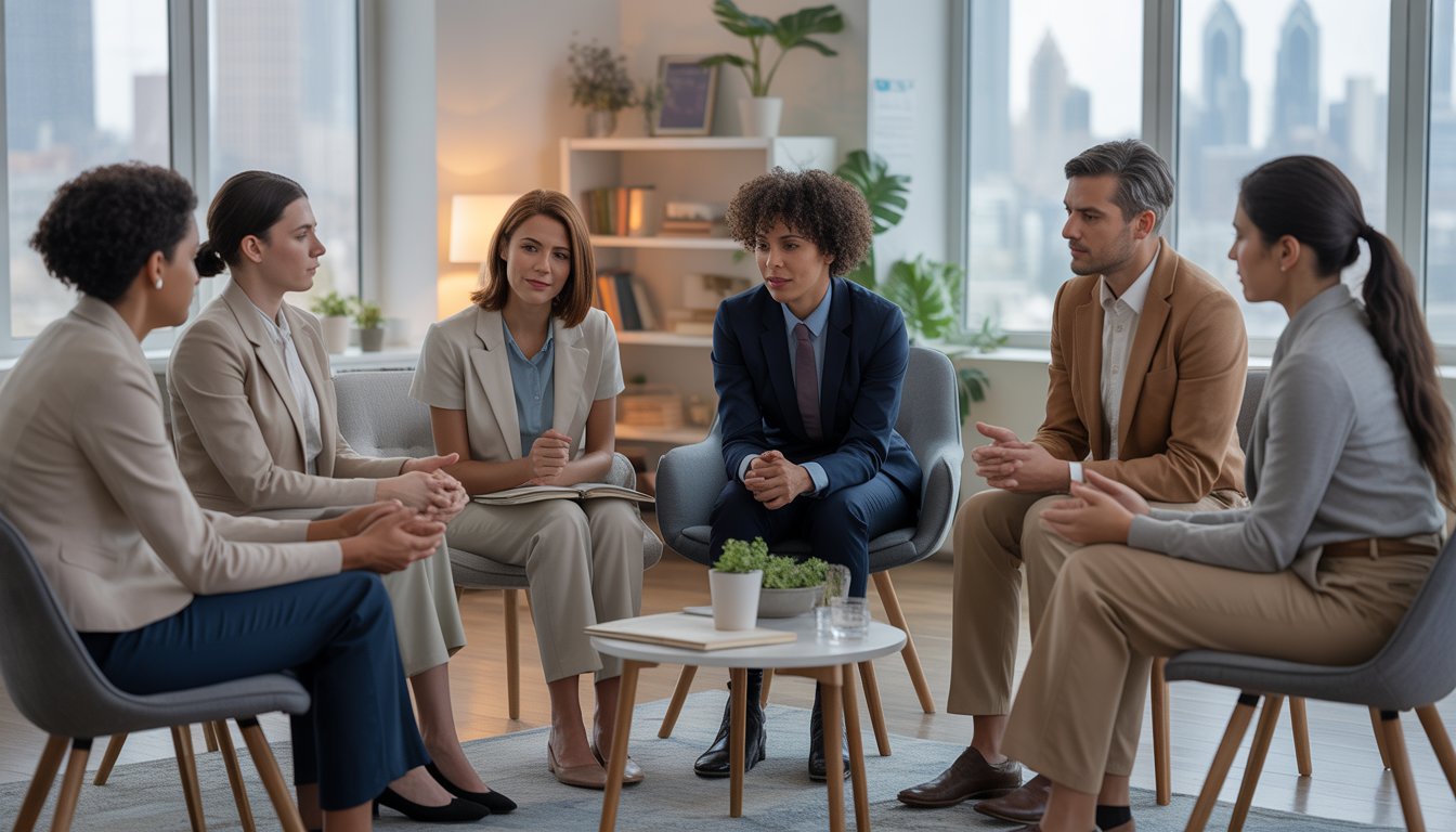 A diverse group of therapists having a supportive discussion in a cozy counseling office with a city view.
