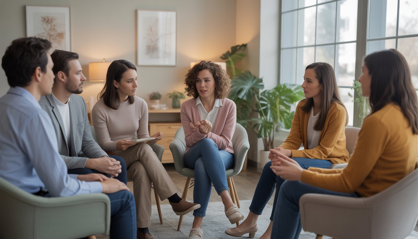 A group therapy session with counselors and adults seated in a circle in a bright, welcoming counseling office.