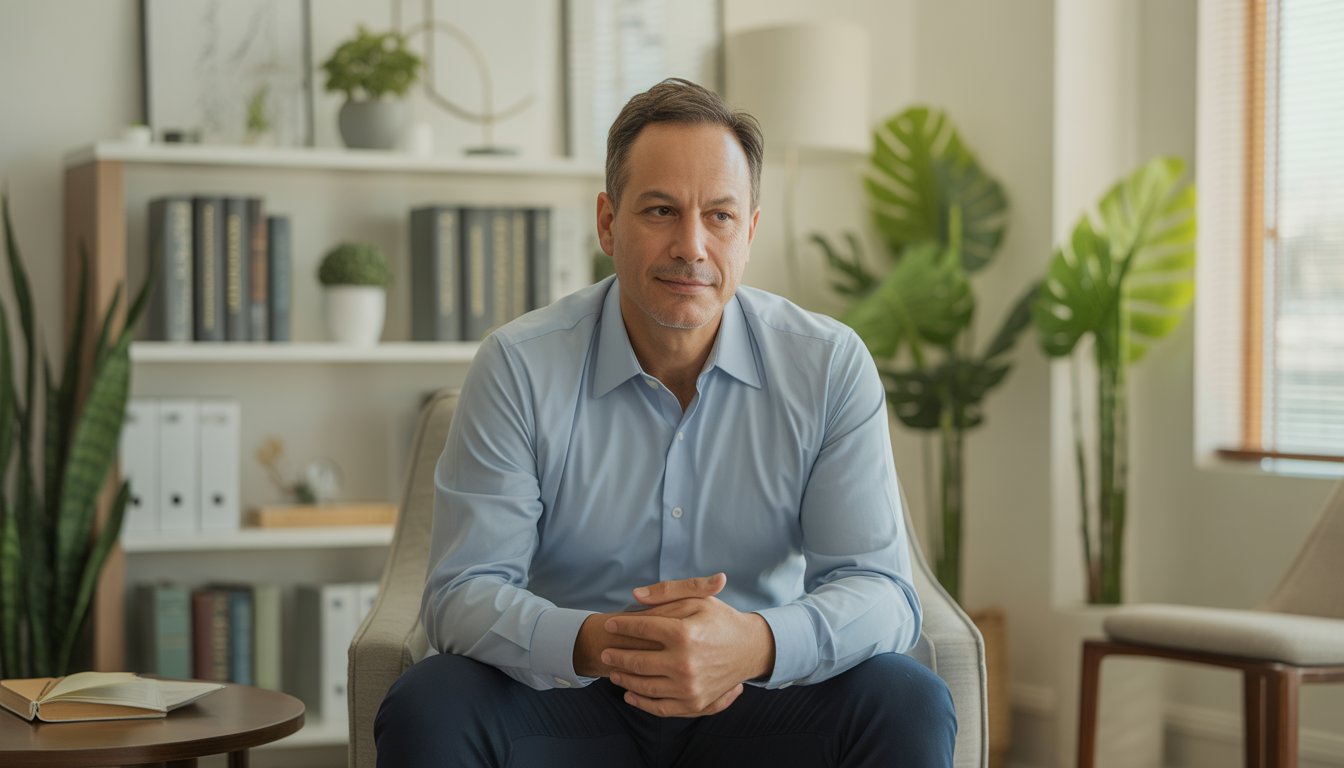 A male therapist sitting in a bright, modern office with plants and bookshelves, looking warm and approachable.