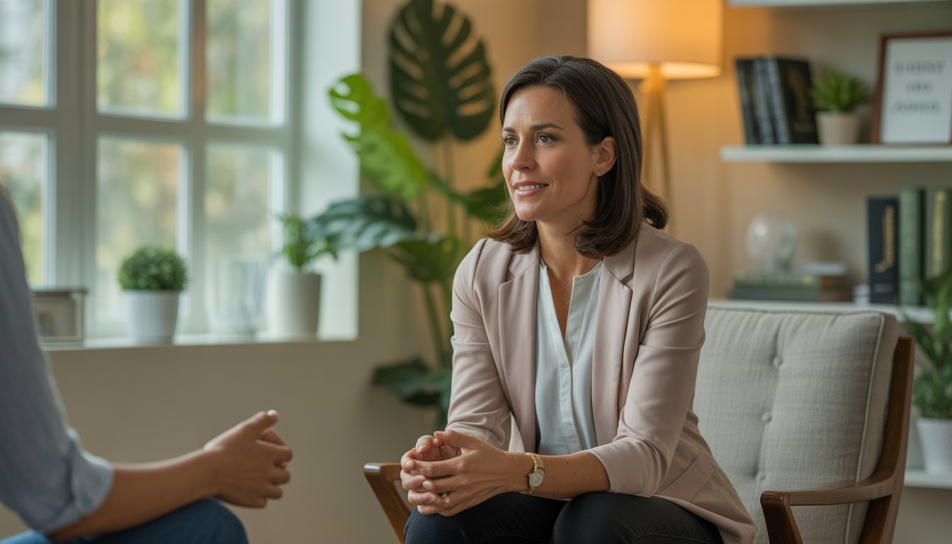 A female therapist sitting in a comfortable office, attentively listening with a calm and supportive expression.