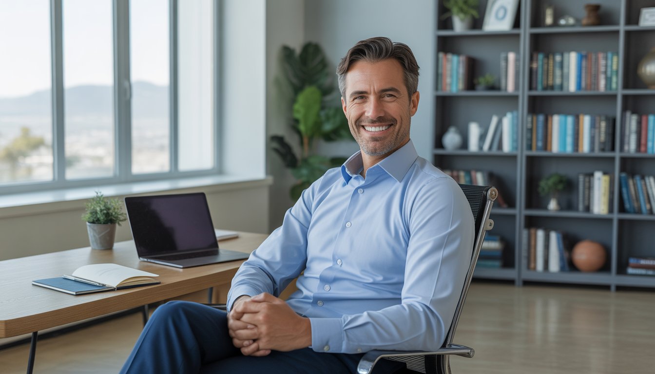 A middle-aged male therapist sitting in a bright office with a bookshelf and city view behind him, smiling warmly.