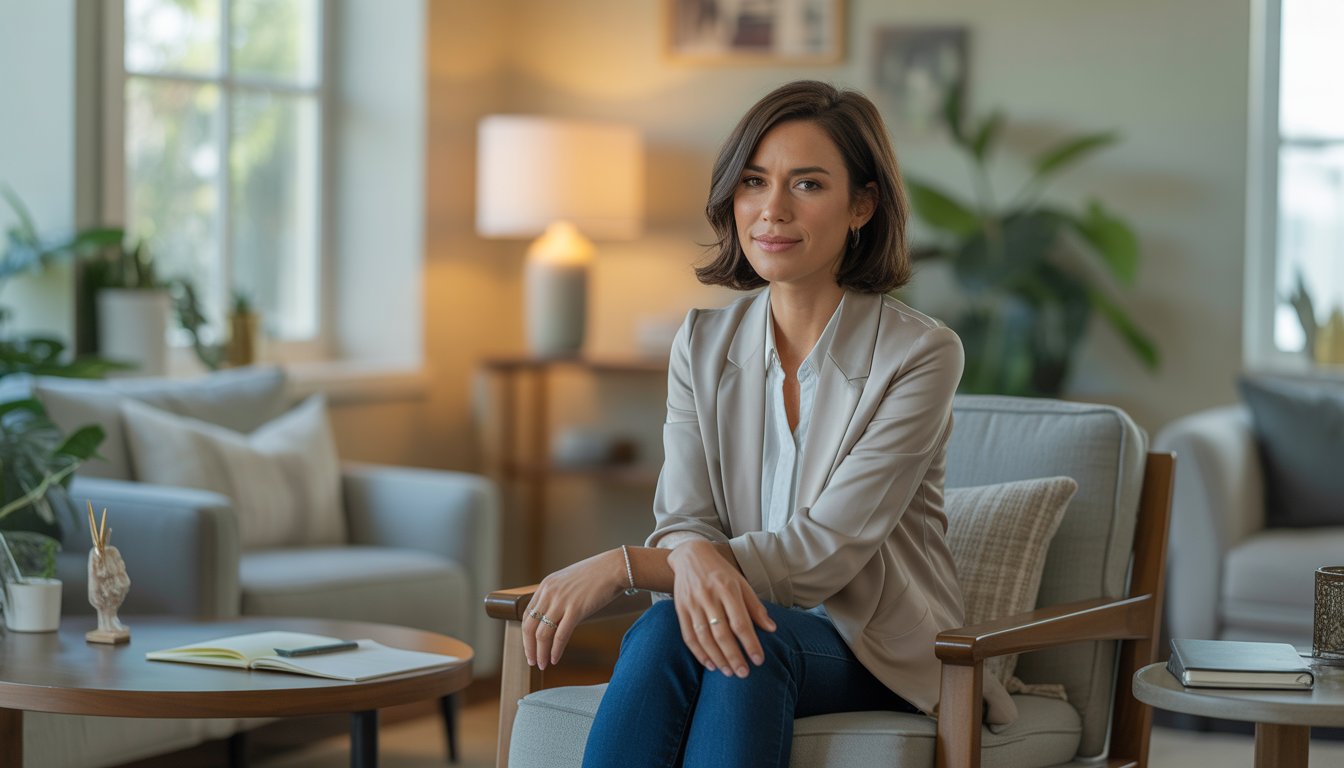 A female therapist sitting in a comfortable office with natural light and plants, looking empathetic and professional.