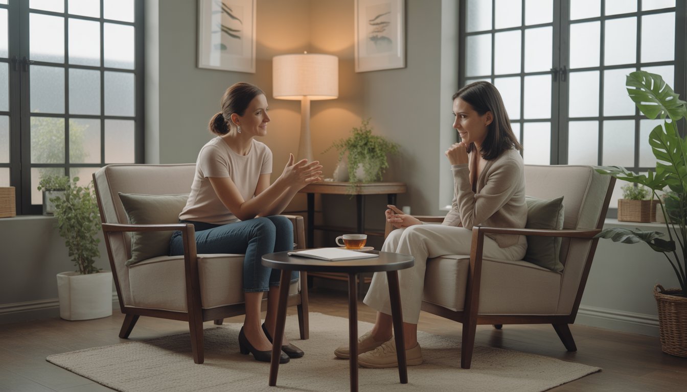 A therapist and patient having a supportive conversation in a bright, comfortable therapy office.