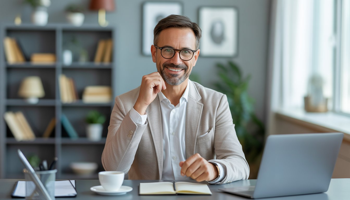 A middle-aged male therapist sitting at a desk in a bright office, smiling warmly and ready for a therapy session.