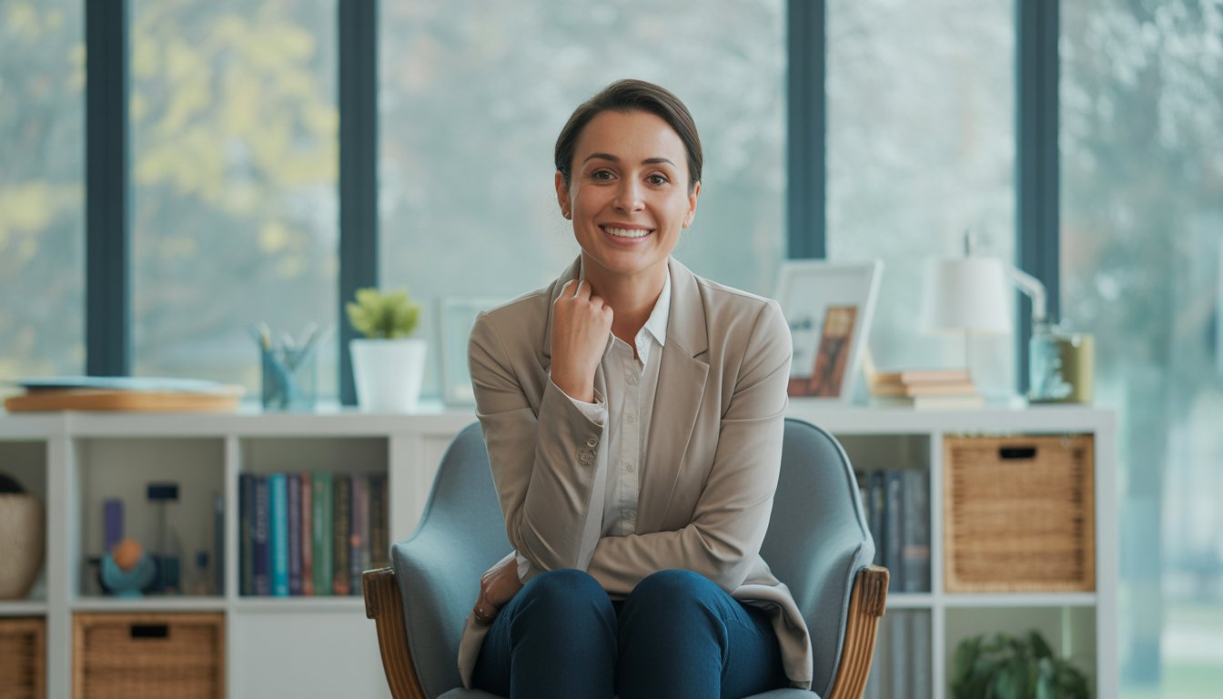 A female therapist sitting in a modern office with bookshelves and natural light, looking warm and approachable.