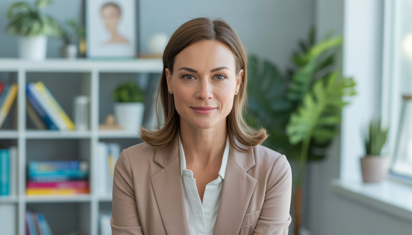 A female therapist sitting in a bright, modern office with bookshelves and plants, looking calm and approachable.