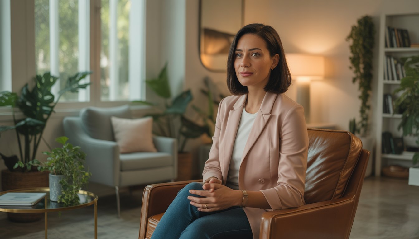 A female therapist sitting in a comfortable chair in a bright, welcoming counseling office with plants and bookshelves.