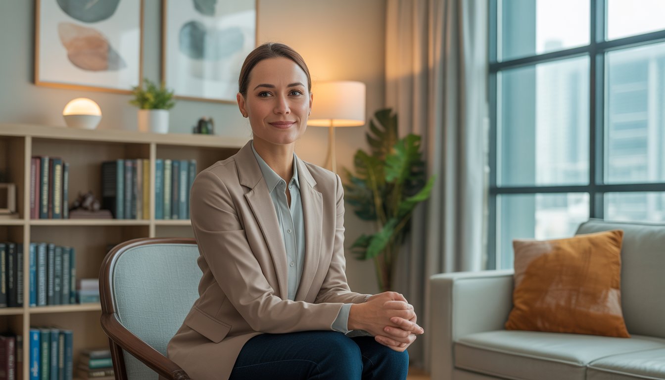 A female therapist sitting in a modern office with bookshelves and a window in the background.