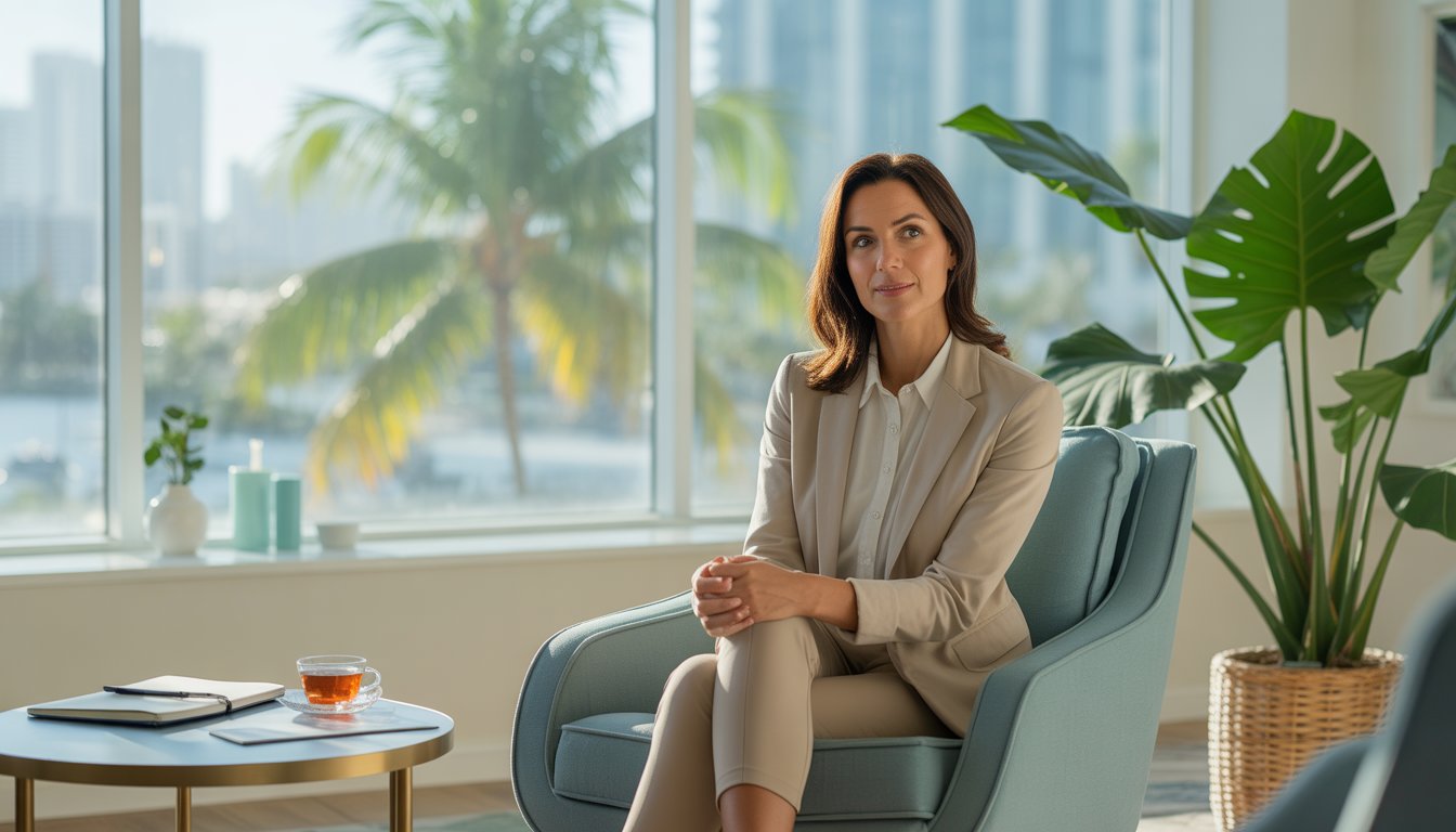 A female therapist sitting in a bright, modern office with plants and a city view through large windows, creating a calm and supportive environment.