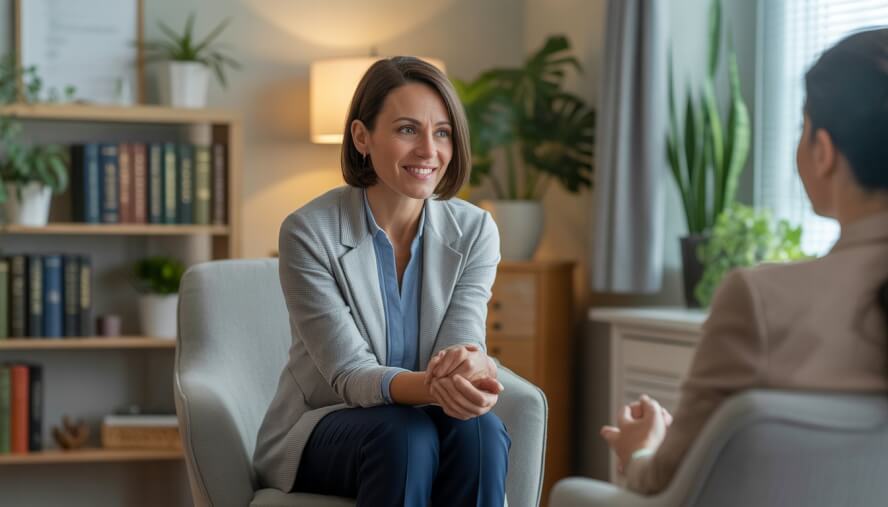 A female therapist sitting in a comfortable office, attentively listening and engaging with a client.
