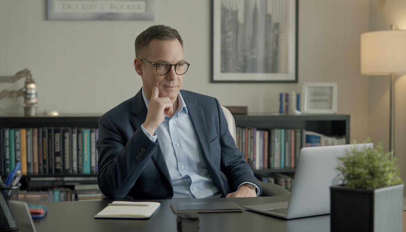 A middle-aged male therapist sitting in a modern office with bookshelves and a cityscape photo on the wall, looking attentive and approachable.