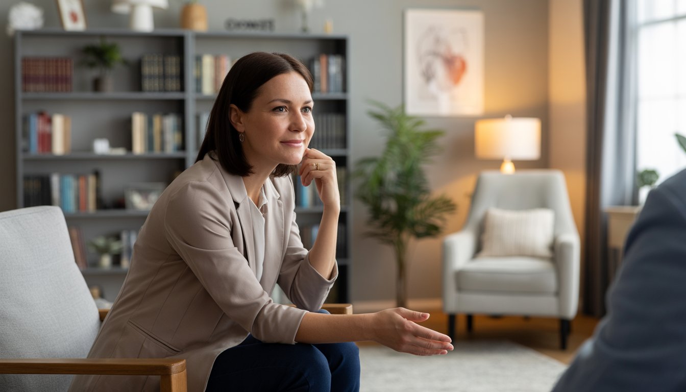 A female therapist sitting in a comfortable office, attentively listening and showing support during a counseling session.