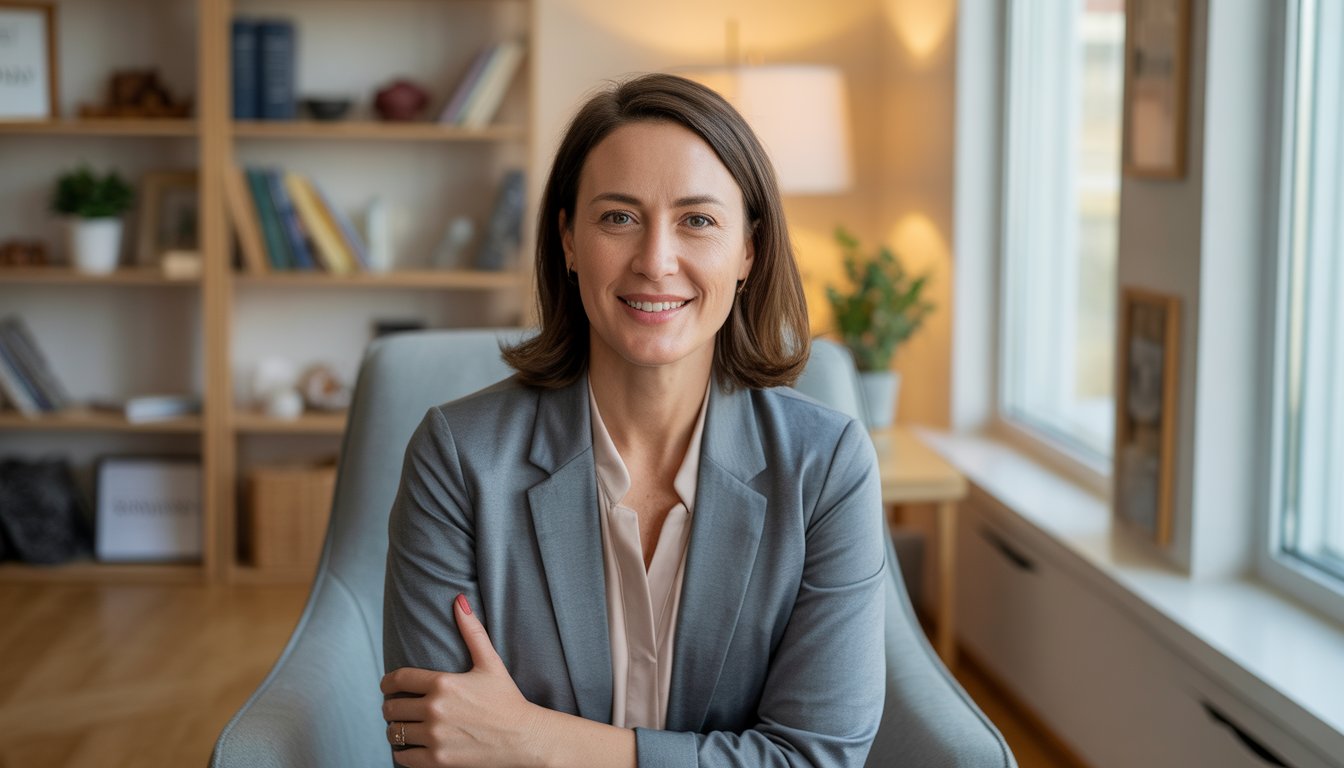 A female therapist sitting in a warm, inviting office with bookshelves and natural light, looking confident and approachable.